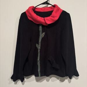 Wearable Art Cardigan Zip Wool Sweater Flower Poppy High Collar Art To Wear Red